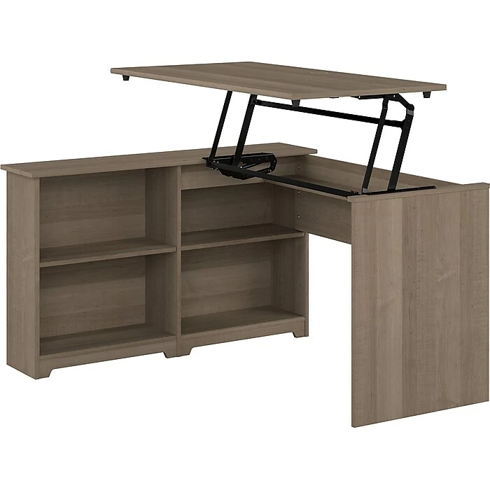 Bush Furniture Cabot 37-42"H Corner Adjustable Standing 3-Position Desk With Shelves, Ash Gray (WC31216) 3 Bush Furniture Cabot 37-42"H Corner Adjustable Standing 3-Position Desk With Shelves, Ash Gray (WC31216)