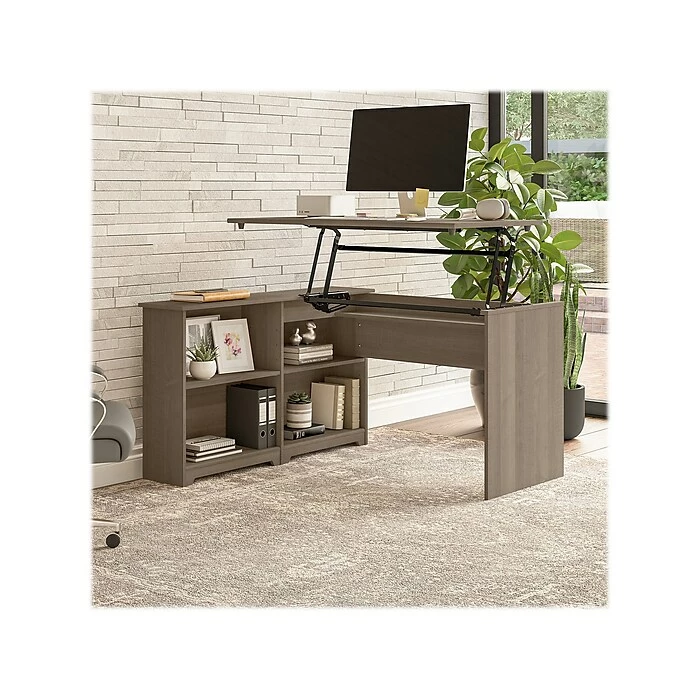 Bush Furniture Cabot 37-42"H Corner Adjustable Standing 3-Position Desk With Shelves, Ash Gray (WC31216) 4 Bush Furniture Cabot 37-42"H Corner Adjustable Standing 3-Position Desk With Shelves, Ash Gray (WC31216) - Image 2