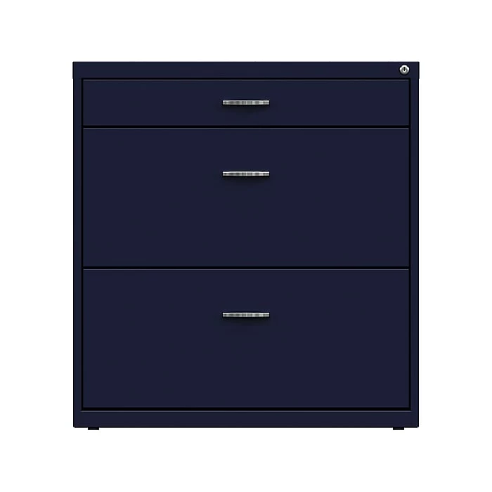 Space Solutions 3-Drawer Lateral File Cabinet, Letter/Legal Size, Lockable, 31.88"H X 30"W X 17.63"D, Navy (25073) 3 Space Solutions 3-Drawer Lateral File Cabinet, Letter/Legal Size, Lockable, 31.88"H X 30"W X 17.63"D, Navy (25073)