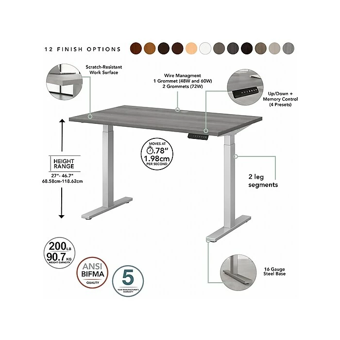 Bush Business Furniture Move 60 Series 27"-47"H Adjustable Standing Desk, Platinum Gray/Cool Gray Metallic (M6S6030PGSK) 5 Bush Business Furniture Move 60 Series 27"-47"H Adjustable Standing Desk, Platinum Gray/Cool Gray Metallic (M6S6030PGSK) - Image 3