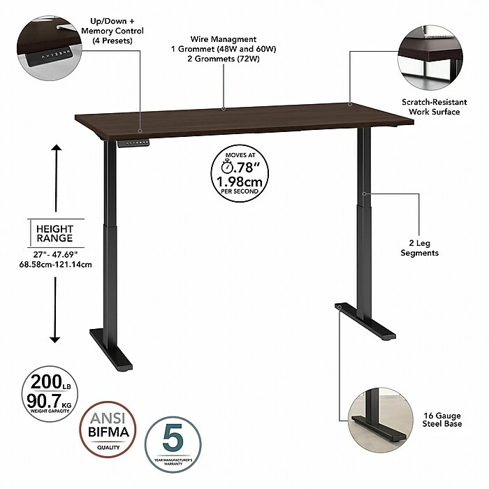 Bush Business Furniture Move 60 Series 27"-48" Adjustable Standing Desk, Black Walnut/Black (M6S6030BWBK) 5 Bush Business Furniture Move 60 Series 27"-48" Adjustable Standing Desk, Black Walnut/Black (M6S6030BWBK) - Image 3