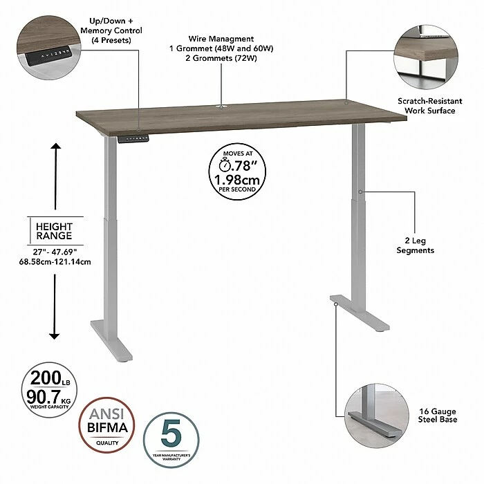 Bush Business Furniture Move 60 Series 27"-48" Adjustable Standing Desk, Modern Hickory/Cool Gray Metallic (M6S6030MHSK) 5 Bush Business Furniture Move 60 Series 27"-48" Adjustable Standing Desk, Modern Hickory/Cool Gray Metallic (M6S6030MHSK) - Image 3