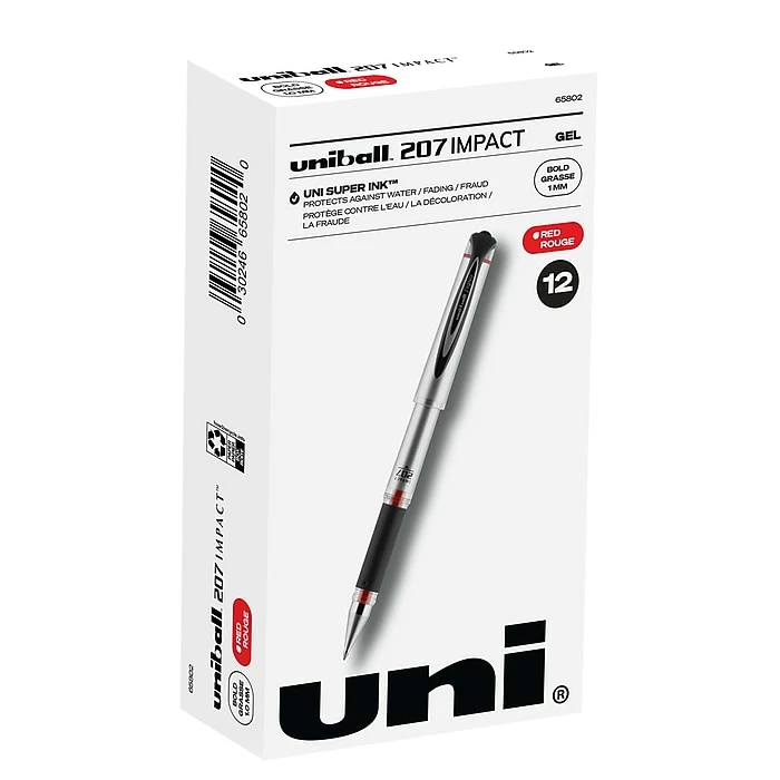 Uni-ball 207 Impact Gel Pens, Bold Point, Red Ink, Dozen (65802) 3 Uni-ball 207 Impact Gel Pens, Bold Point, Red Ink, Dozen (65802)