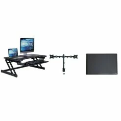 Rocelco 37"W Deluxe Adjustable Desk Riser With Energizing Anti-Fatique Mat And Dual Articulating Monitor Mount (R DADRB-DM2-MAF)