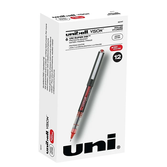 Uni-ball Uniball Vision Rollerball Pen, Micro Point, 0.5mm, Red Ink, 12/Pack (60117) 3 Uni-ball Uniball Vision Rollerball Pen, Micro Point, 0.5mm, Red Ink, 12/Pack (60117)