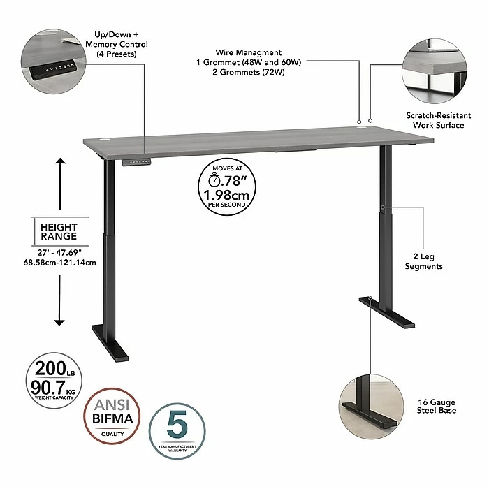 Bush Business Furniture Move 60 Series 27"-48" Adjustable Standing Desk, Platinum Gray/Black (M6S7230PGBK) 5 Bush Business Furniture Move 60 Series 27"-48" Adjustable Standing Desk, Platinum Gray/Black (M6S7230PGBK) - Image 3