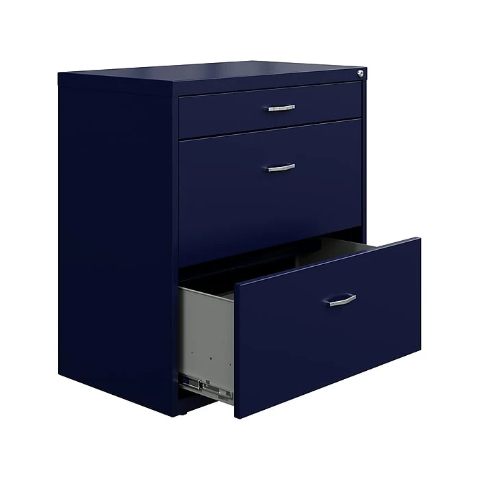 Space Solutions 3-Drawer Lateral File Cabinet, Letter/Legal Size, Lockable, 31.88"H X 30"W X 17.63"D, Navy (25073) 6 Space Solutions 3-Drawer Lateral File Cabinet, Letter/Legal Size, Lockable, 31.88"H X 30"W X 17.63"D, Navy (25073) - Image 4