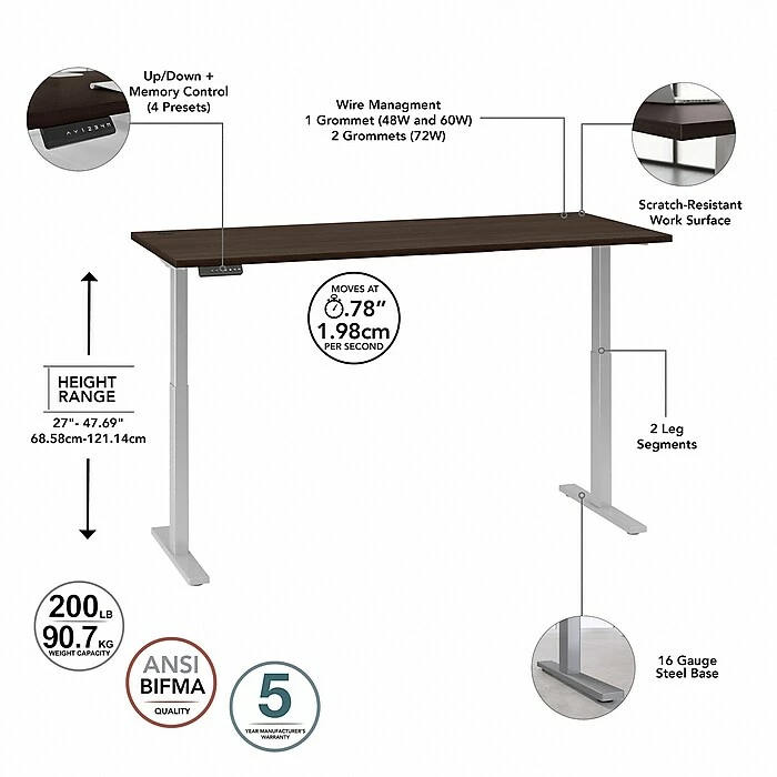 Bush Business Furniture Move 60 Series 27"-48" Adjustable Standing Desk, Black Walnut/Cool Gray Metallic (M6S7230BWSK) 5 Bush Business Furniture Move 60 Series 27"-48" Adjustable Standing Desk, Black Walnut/Cool Gray Metallic (M6S7230BWSK) - Image 3
