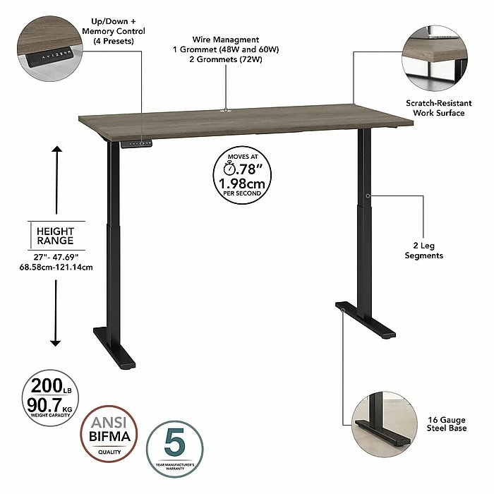 Bush Business Furniture Move 60 Series 27"-48" Adjustable Standing Desk, Modern Hickory/Black (M6S6030MHBK) 5 Bush Business Furniture Move 60 Series 27"-48" Adjustable Standing Desk, Modern Hickory/Black (M6S6030MHBK) - Image 3