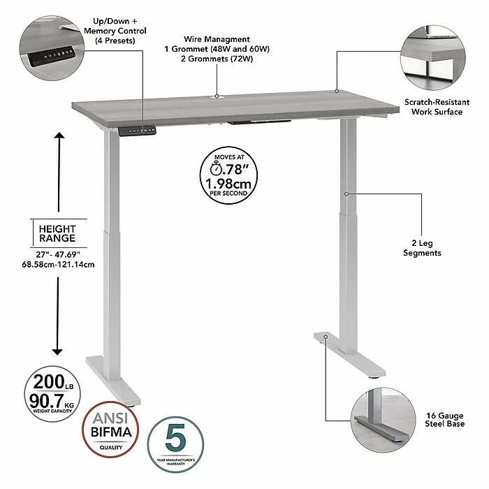 Bush Business Furniture Move 60 27"-48" Adjustable Standing Desk, Platinum Gray/Cool Gray Metallic (M6S4824PGSK) 5 Bush Business Furniture Move 60 27"-48" Adjustable Standing Desk, Platinum Gray/Cool Gray Metallic (M6S4824PGSK) - Image 3