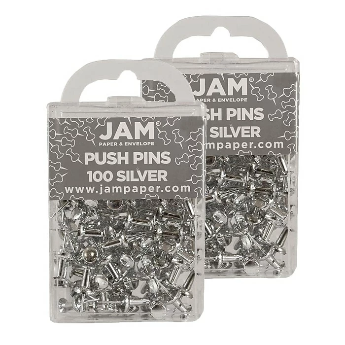 JAM Paper Push Pins, Silver, 2 Packs Of 100 (222419054A) 3 JAM Paper Push Pins, Silver, 2 Packs Of 100 (222419054A)