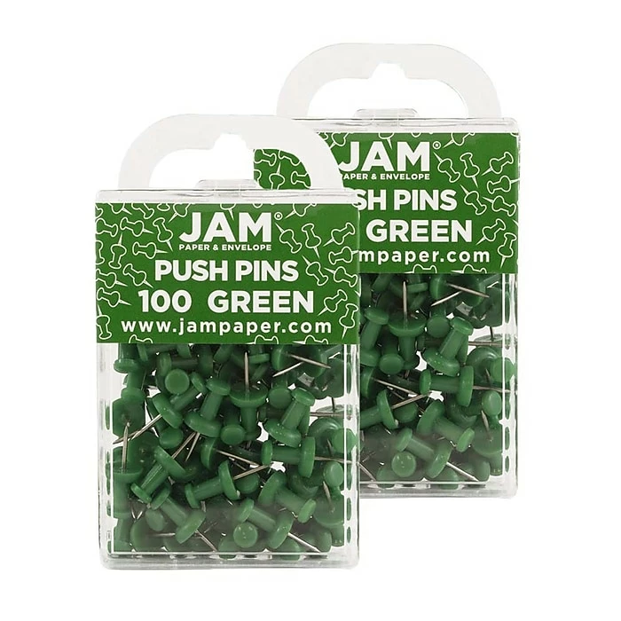 JAM Paper Push Pins, Green, 2 Packs Of 100 (2242954A) 3 JAM Paper Push Pins, Green, 2 Packs Of 100 (2242954A)