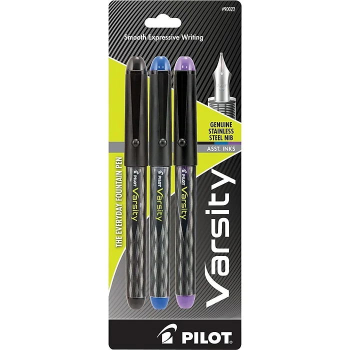 Pilot Varsity Fountain Pens, Medium Point, Assorted Ink, 3/Pack (90022) 3 Pilot Varsity Fountain Pens, Medium Point, Assorted Ink, 3/Pack (90022)