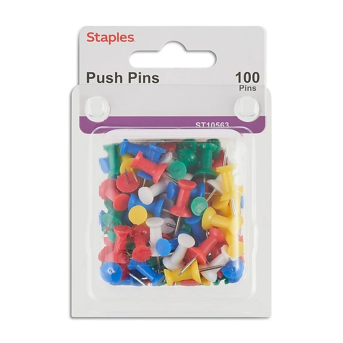 Staples Push Pins, Assorted Colors, 100/Pack (10563-CC) 3 Staples Push Pins, Assorted Colors, 100/Pack (10563-CC)