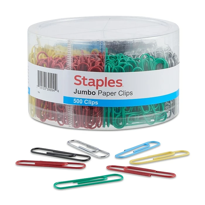 Staples Jumbo Vinyl-Coated Paper Clips, Assorted Colors, 500/Pack (40653) 3 Staples Jumbo Vinyl-Coated Paper Clips, Assorted Colors, 500/Pack (40653)
