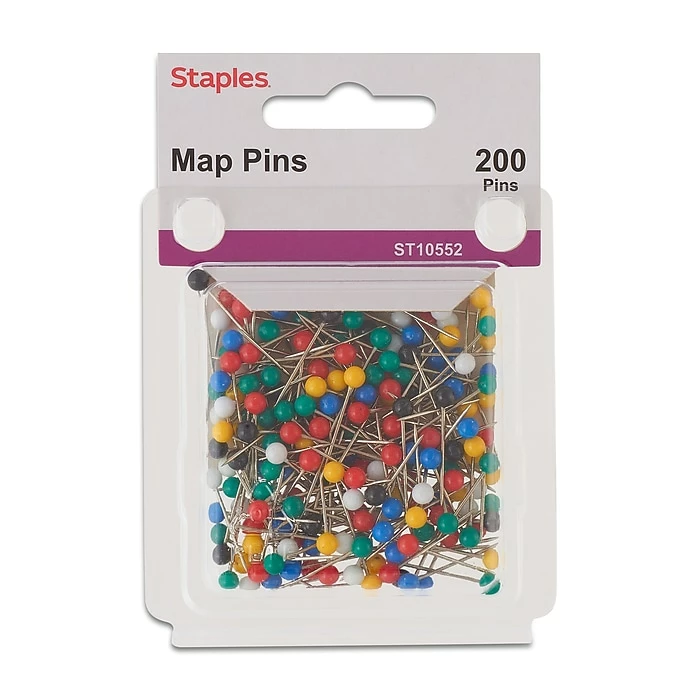 Staples Push Pins, Assorted Colors, 200/Box (10552) 3 Staples Push Pins, Assorted Colors, 200/Box (10552)