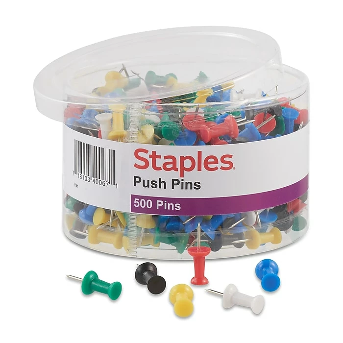 Staples Push Pins, Assorted, 500/Pack (20938) 3 Staples Push Pins, Assorted, 500/Pack (20938)