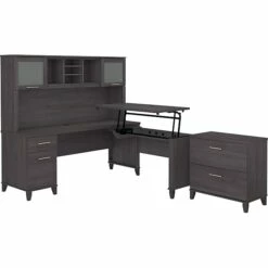 Bush Furniture Somerset 72W 3 Position Sit To Stand L Shaped Desk With Hutch And File Cabinet, Storm Gray (SET016SG)