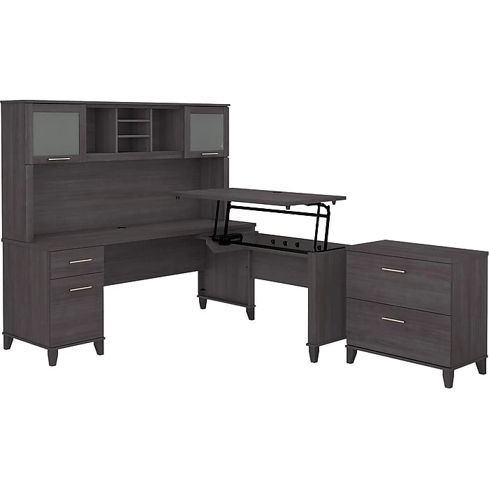 Bush Furniture Somerset 72W 3 Position Sit To Stand L Shaped Desk With Hutch And File Cabinet, Storm Gray (SET016SG) 3 Bush Furniture Somerset 72W 3 Position Sit To Stand L Shaped Desk With Hutch And File Cabinet, Storm Gray (SET016SG)