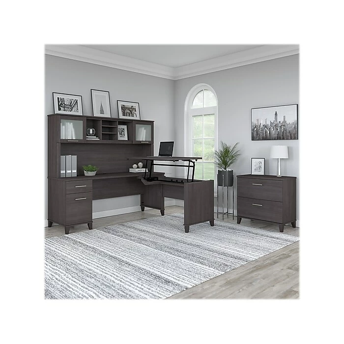 Bush Furniture Somerset 72W 3 Position Sit To Stand L Shaped Desk With Hutch And File Cabinet, Storm Gray (SET016SG) 4 Bush Furniture Somerset 72W 3 Position Sit To Stand L Shaped Desk With Hutch And File Cabinet, Storm Gray (SET016SG) - Image 2