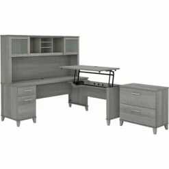 Bush Furniture Somerset 72"W 3-Position Sit To Stand L-Shaped Desk With Hutch And File Cabinet, Platinum Gray (SET016PG)