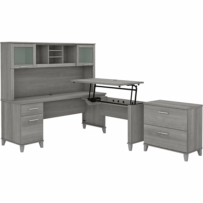 Bush Furniture Somerset 72"W 3-Position Sit To Stand L-Shaped Desk With Hutch And File Cabinet, Platinum Gray (SET016PG) 3 Bush Furniture Somerset 72"W 3-Position Sit To Stand L-Shaped Desk With Hutch And File Cabinet, Platinum Gray (SET016PG)