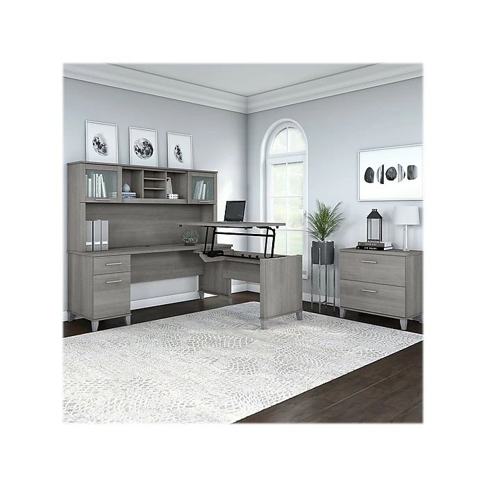 Bush Furniture Somerset 72"W 3-Position Sit To Stand L-Shaped Desk With Hutch And File Cabinet, Platinum Gray (SET016PG) 4 Bush Furniture Somerset 72"W 3-Position Sit To Stand L-Shaped Desk With Hutch And File Cabinet, Platinum Gray (SET016PG) - Image 2