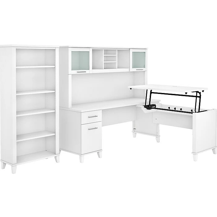 Bush Furniture Somerset 72"W 3-Position Sit To Stand L-Shaped Desk With Hutch And Bookcase, White (SET017WH) 3 Bush Furniture Somerset 72"W 3-Position Sit To Stand L-Shaped Desk With Hutch And Bookcase, White (SET017WH)