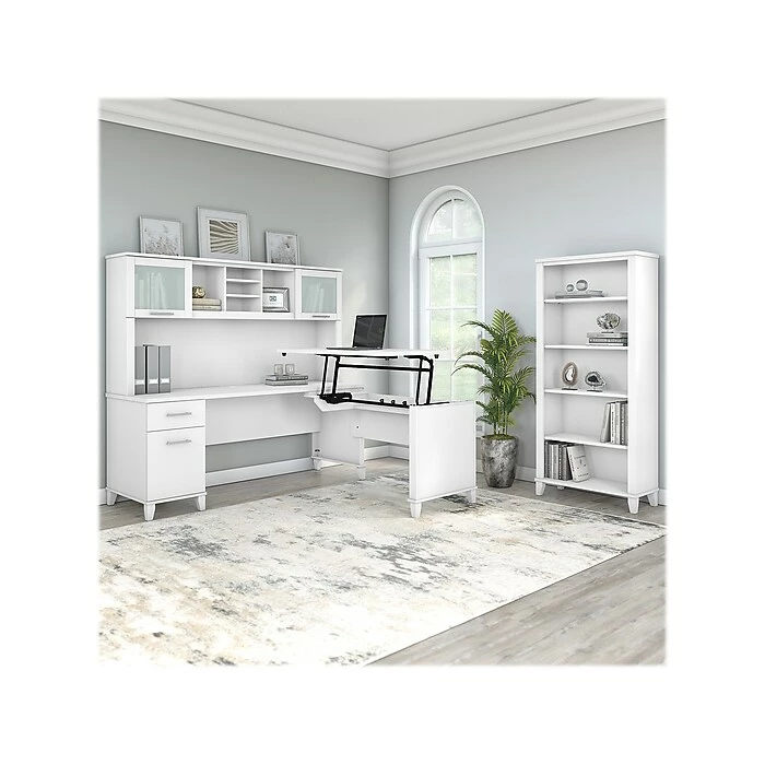 Bush Furniture Somerset 72"W 3-Position Sit To Stand L-Shaped Desk With Hutch And Bookcase, White (SET017WH) 4 Bush Furniture Somerset 72"W 3-Position Sit To Stand L-Shaped Desk With Hutch And Bookcase, White (SET017WH) - Image 2