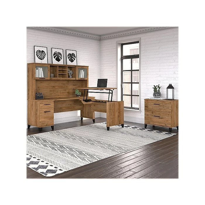 Bush Furniture Somerset Office Desk With 35"-41" Adjustable Return, Hutch, And File Cabinet, Fresh Walnut (SET016FW) 4 Bush Furniture Somerset Office Desk With 35"-41" Adjustable Return, Hutch, And File Cabinet, Fresh Walnut (SET016FW) - Image 2