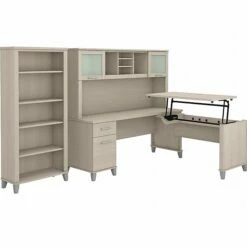 Bush Furniture Somerset Office Desk With 35"-41" Adjustable Return, Hutch, And Bookcase, Sand Oak (SET017SO)