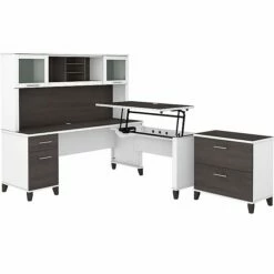 Bush Furniture Somerset Office Desk With 35"-41" Adjustable Return, Hutch, And File Cabinet, Storm Gray/White (SET016SGWH)