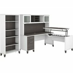 Bush Furniture Somerset Office Desk With 35"-41" Adjustable Return, Hutch, And Bookcase, Storm Gray/White (SET017SGWH)