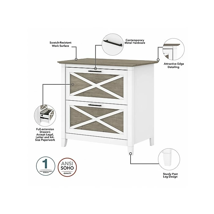 Bush Furniture Key West 2-Drawer Lateral File Cabinet, Letter/Legal, Shiplap Gray/Pure White, 30" (KWF130G2W-03) 5 Bush Furniture Key West 2-Drawer Lateral File Cabinet, Letter/Legal, Shiplap Gray/Pure White, 30" (KWF130G2W-03) - Image 3