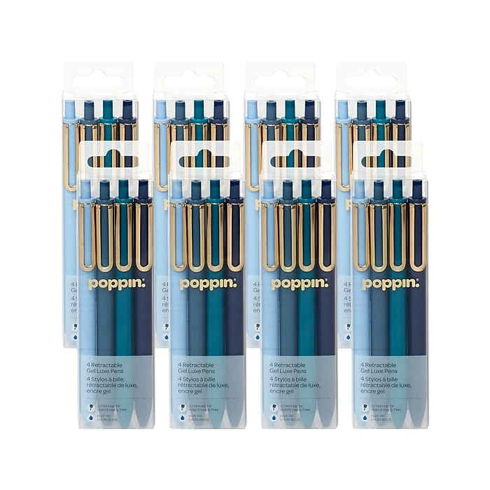 Poppin Luxe Retractable Rollerball Pens, Fine Point, Blue Ink, 4/Pack, 48 Packs/Kit (108681) 3 Poppin Luxe Retractable Rollerball Pens, Fine Point, Blue Ink, 4/Pack, 48 Packs/Kit (108681)