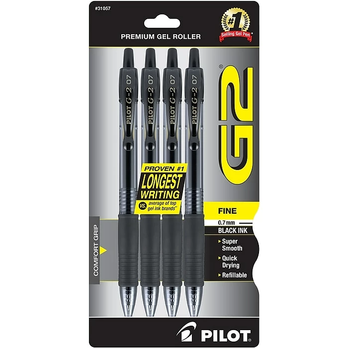Pilot G2 Retractable Gel Pens, Fine Point, Black Ink, 4/Pack (31057) 3 Pilot G2 Retractable Gel Pens, Fine Point, Black Ink, 4/Pack (31057)