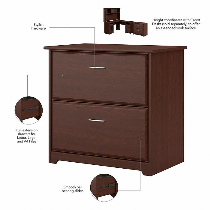 Bush Furniture Cabot 36"-42"H 3 Position Sit To Stand Corner Bookshelf Desk With Lateral File Cabinet, Harvest Cherry(CAB056HVC) 6 Bush Furniture Cabot 36"-42"H 3 Position Sit To Stand Corner Bookshelf Desk With Lateral File Cabinet, Harvest Cherry(CAB056HVC) - Image 4