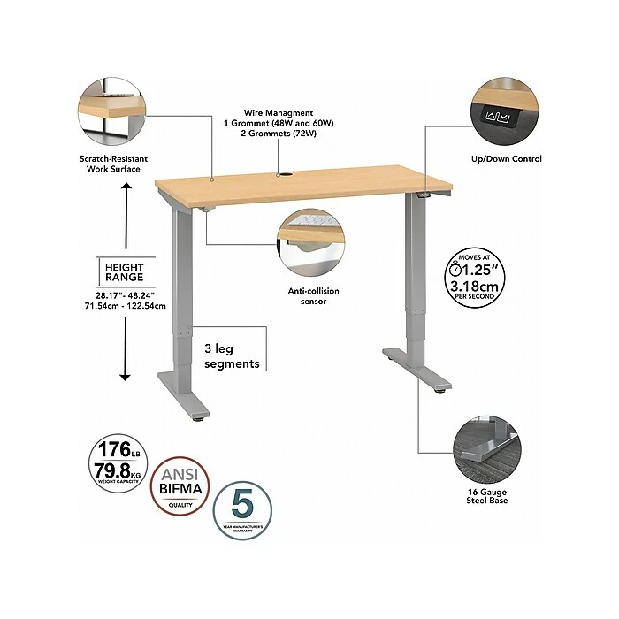 Bush Business Furniture Move 40 Series 28"-48" Adjustable Standing Desk, Natural Maple/Cool Gray Metallic (M4S4830ACSK) 5 Bush Business Furniture Move 40 Series 28"-48" Adjustable Standing Desk, Natural Maple/Cool Gray Metallic (M4S4830ACSK) - Image 3