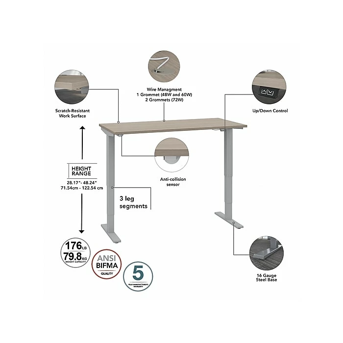 Bush Business Furniture Move 40 Series 28"-48" Adjustable Standing Desk, Sand Oak/Cool Gray Metallic (M4S6030SOSK) 5 Bush Business Furniture Move 40 Series 28"-48" Adjustable Standing Desk, Sand Oak/Cool Gray Metallic (M4S6030SOSK) - Image 3