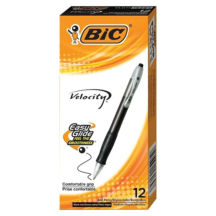 BIC Velocity Retractable Ballpoint Pens, Medium Point, Black Ink, Dozen (16264/VLG11) 3 BIC Velocity Retractable Ballpoint Pens, Medium Point, Black Ink, Dozen (16264/VLG11)