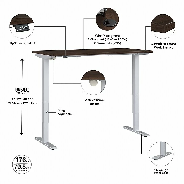 Bush Business Furniture Move 40 Series 28"-48" Adjustable Standing Desk, Black Walnut/Cool Gray Metallic (M4S6030BWSK) 5 Bush Business Furniture Move 40 Series 28"-48" Adjustable Standing Desk, Black Walnut/Cool Gray Metallic (M4S6030BWSK) - Image 3