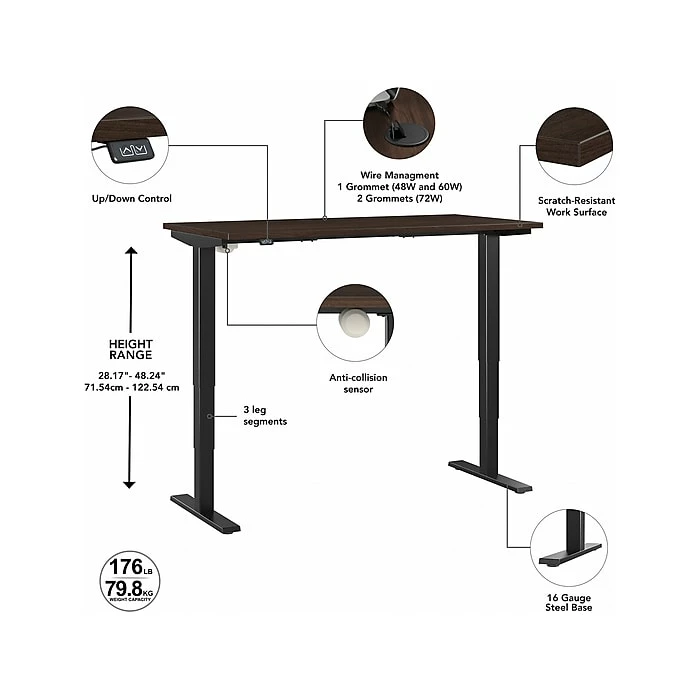 Bush Business Furniture Move 40 28"-48"H Electric Adjustable Standing Desk, Black Walnut/Black (M4S4824BWBK) 5 Bush Business Furniture Move 40 28"-48"H Electric Adjustable Standing Desk, Black Walnut/Black (M4S4824BWBK) - Image 3