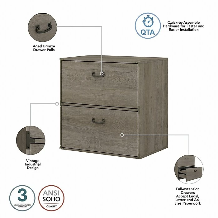 Kathy Ireland® Home By Bush Furniture Ironworks 2-Drawer Lateral File Cabinet, Letter/Legal, Restored Gray, 30" (KI50304-03) 5 Kathy Ireland® Home By Bush Furniture Ironworks 2-Drawer Lateral File Cabinet, Letter/Legal, Restored Gray, 30" (KI50304-03) - Image 3