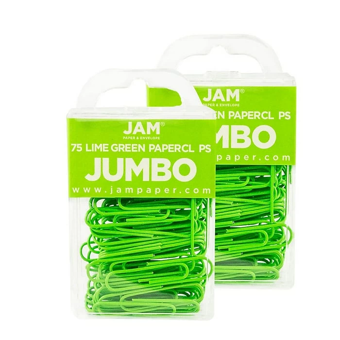 JAM Paper® Colored Jumbo Paper Clips, Large 2 Inch, Lime Green Paperclips, 2 Packs Of 75 (21830627a) 3 JAM Paper® Colored Jumbo Paper Clips, Large 2 Inch, Lime Green Paperclips, 2 Packs Of 75 (21830627a)