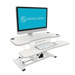 VersaDesk PowerPro Standing Desk Riser, 40" Length, Electric Sit To Stand Desktop Converter With Keyboard Tray, White