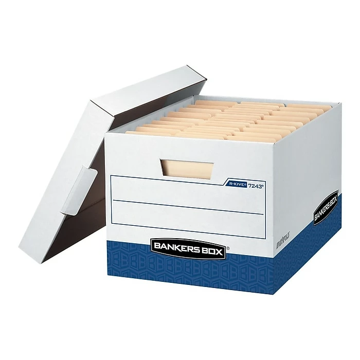 Bankers Box R-Kive® Heavy-Duty FastFold File Storage Boxes, Lift-Off Lid, Letter/Legal Size, White/Blue, 12/Carton (07243) 3 Bankers Box R-Kive® Heavy-Duty FastFold File Storage Boxes, Lift-Off Lid, Letter/Legal Size, White/Blue, 12/Carton (07243)