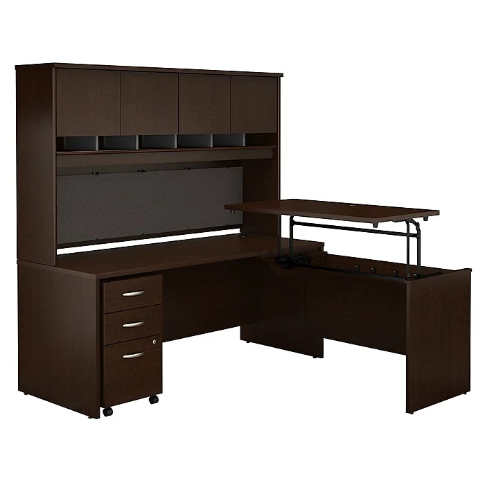 Bush Business Furniture Westfield 72W X 30D 3 Position Sit To Stand L Desk W/ Hutch And File Cabinet, Mocha Cherry (SRC124MRSU) 3 Bush Business Furniture Westfield 72W X 30D 3 Position Sit To Stand L Desk W/ Hutch And File Cabinet, Mocha Cherry (SRC124MRSU)