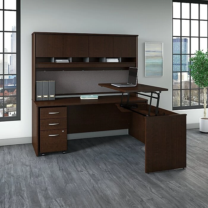 Bush Business Furniture Westfield 72W X 30D 3 Position Sit To Stand L Desk W/ Hutch And File Cabinet, Mocha Cherry (SRC124MRSU) 4 Bush Business Furniture Westfield 72W X 30D 3 Position Sit To Stand L Desk W/ Hutch And File Cabinet, Mocha Cherry (SRC124MRSU) - Image 2