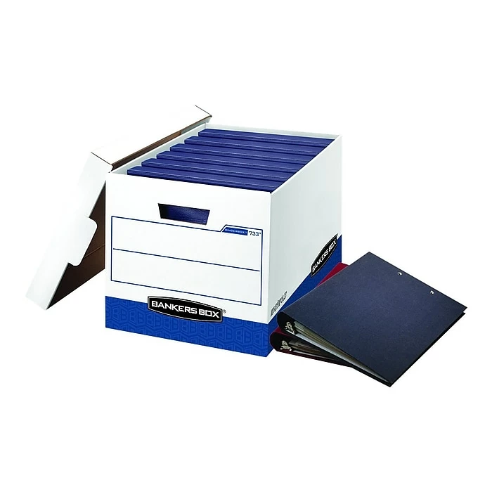 Bankers Box Heavy-Duty FastFold Corrugated File Storage Boxes, Lift-Off Lid, Binder Size, White/Blue, 12/Carton (0073301) 3 Bankers Box Heavy-Duty FastFold Corrugated File Storage Boxes, Lift-Off Lid, Binder Size, White/Blue, 12/Carton (0073301)