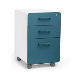 Poppin Stow 3-Drawer Vertical Locking File Cabinet, White & Slate Blue, 16" (106039)